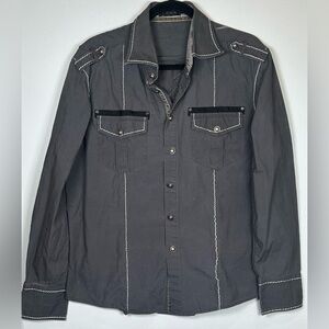 Y2K Toku Charcoal Gray Button Down w/ Embellishment and Embroidery. Size Large.